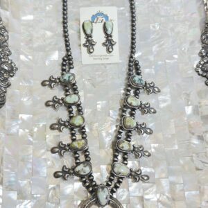 Palomino Turquoise Sterling Silver Navajo Handmade Small Squash Blossom Necklace Earrings Set