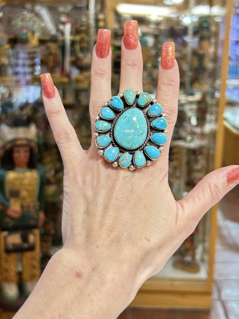Large Cluster Turquoise Sterling Silver Navajo Handmade Ring