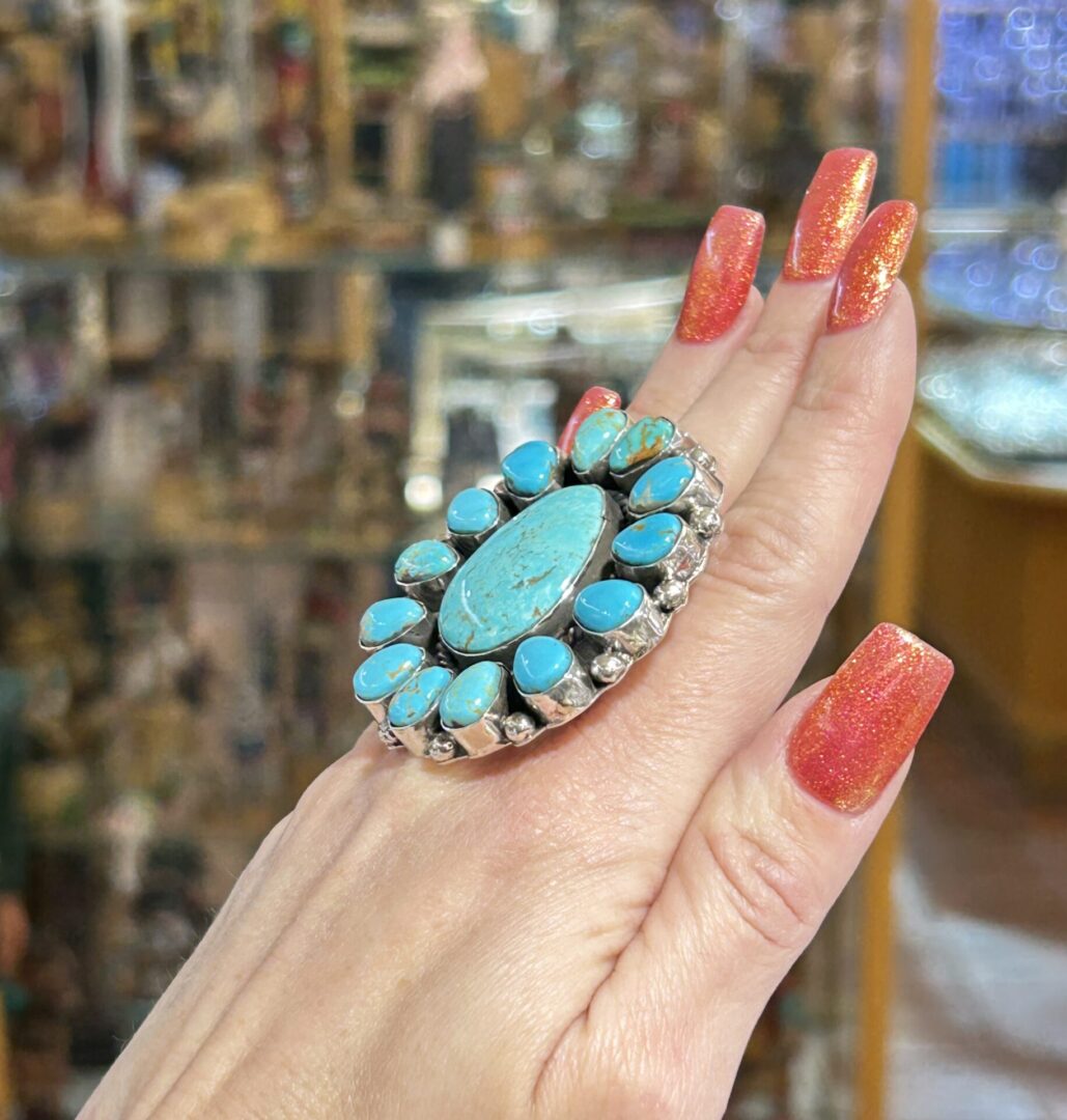 Large Cluster Turquoise Sterling Silver Navajo Handmade Ring - Image 2