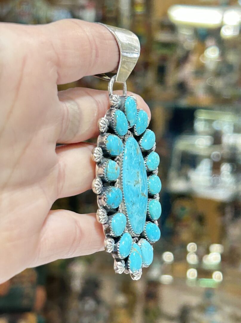 Navajo Handmade Sterling Silver Nevada Turquoise Cluster Large Pendant - Image 9
