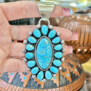 Navajo Handmade Sterling Silver Nevada Turquoise Cluster Large Pendant