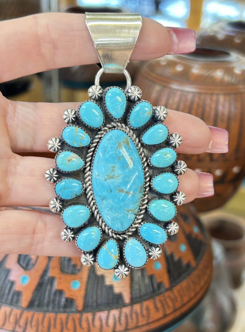 Navajo Handmade Sterling Silver Nevada Turquoise Cluster Large Pendant - Image 3