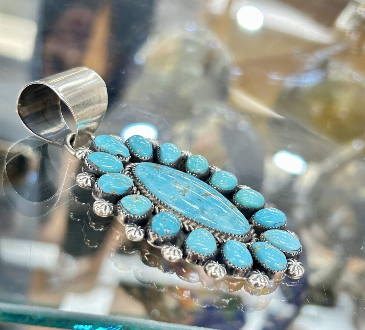 Navajo Handmade Sterling Silver Nevada Turquoise Cluster Large Pendant - Image 6