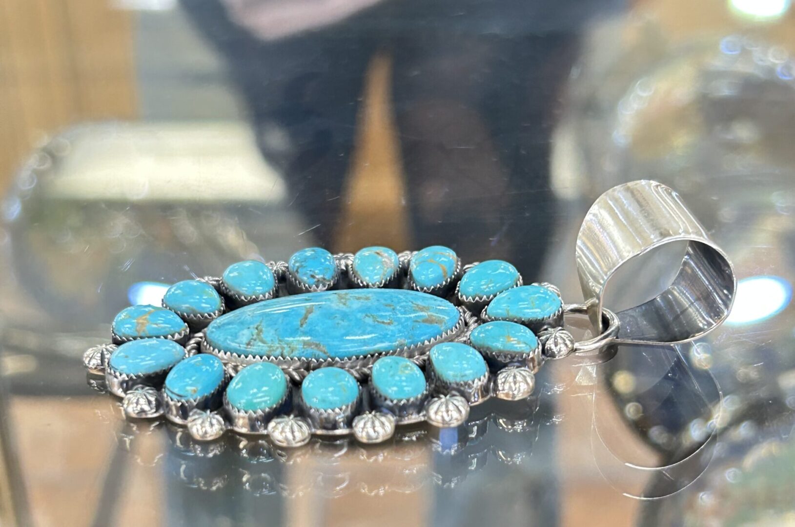 Navajo Handmade Sterling Silver Nevada Turquoise Cluster Large Pendant - Image 4