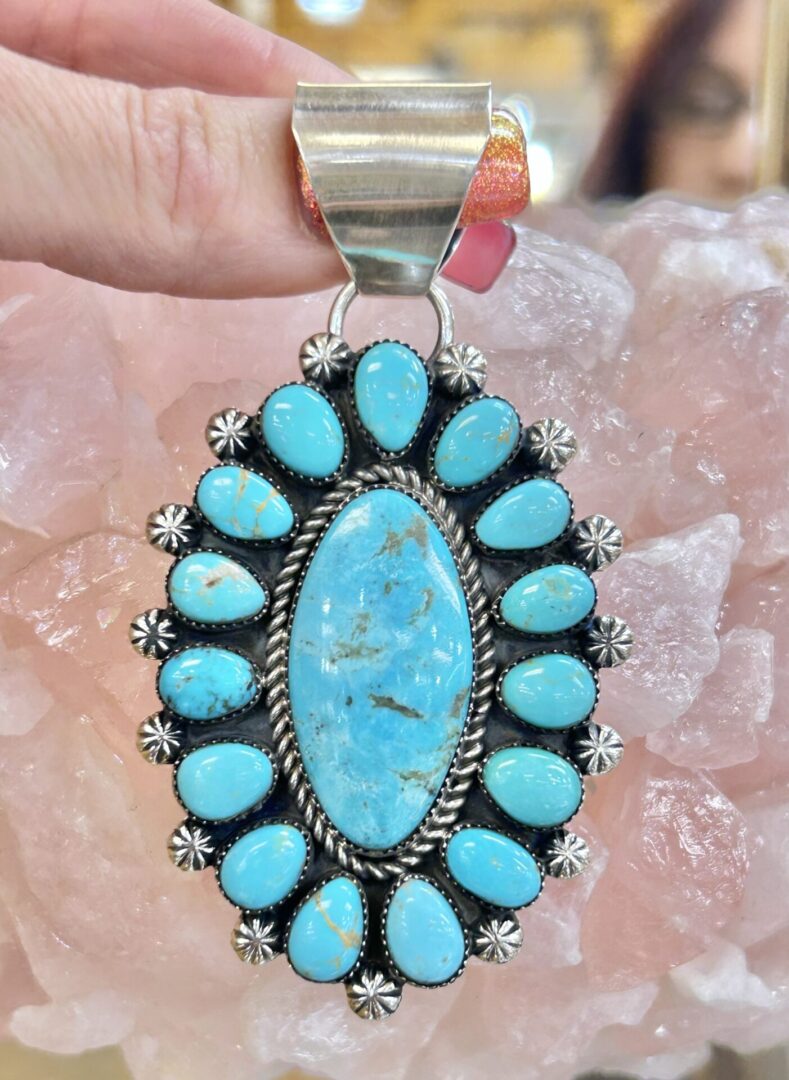Navajo Handmade Sterling Silver Nevada Turquoise Cluster Large Pendant - Image 2