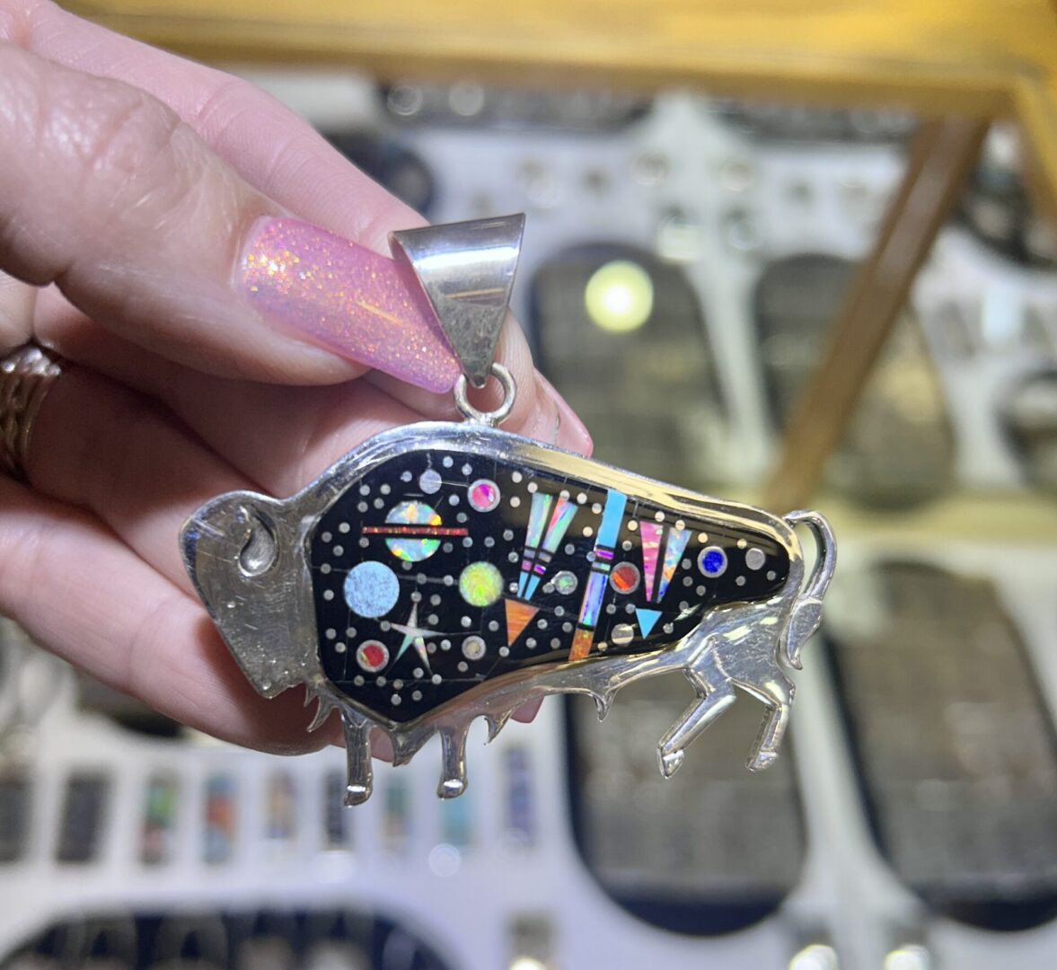 Celestial Starry Night Sky Navajo Tom Jack Sterling Silver Onyx and Opal Large Buffalo Pendant - Image 7