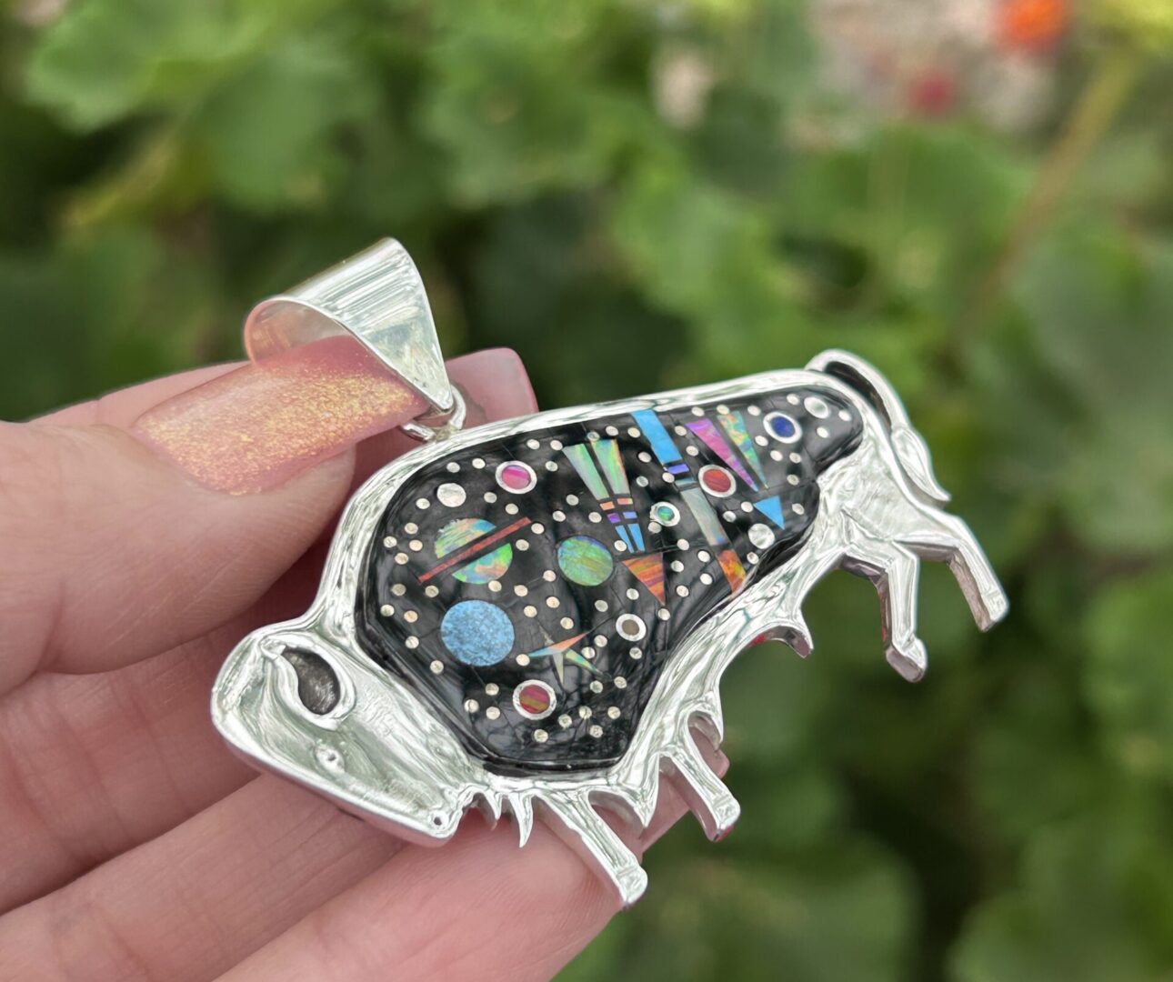 Celestial Starry Night Sky Navajo Tom Jack Sterling Silver Onyx and Opal Large Buffalo Pendant - Image 6