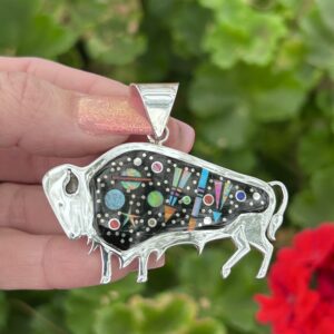 Celestial Starry Night Sky Navajo Tom Jack Sterling Silver Onyx and Opal Large Buffalo Pendant