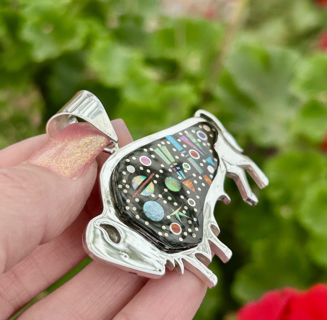 Celestial Starry Night Sky Navajo Tom Jack Sterling Silver Onyx and Opal Large Buffalo Pendant - Image 3