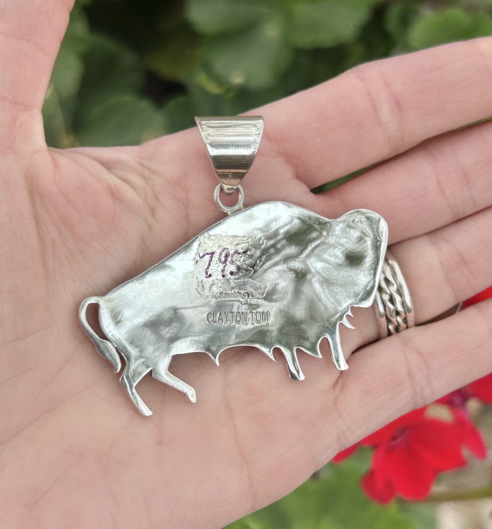 Celestial Starry Night Sky Navajo Tom Jack Sterling Silver Onyx and Opal Large Buffalo Pendant - Image 8