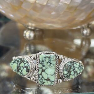 Spiderweb Variscite Three Stone Sterling Silver Navajo Handmade Cuff Bracelet