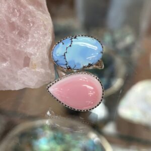 Pink Conch Shell and Golden Hills Turquoise Sterling Silver Navajo Teddy Yazzie Adjustable Ring