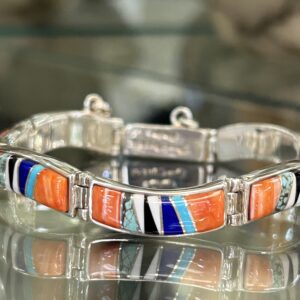 Navajo Handmade Sterling Silver Multistones Inlay Spiny Oyster Shell Tennis Bracelet
