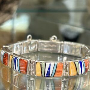 Fred Begay Navajo Handmade Orange Spiny Oyster Shell Inlay Lapis Sterling Silver Tennis Bracelet