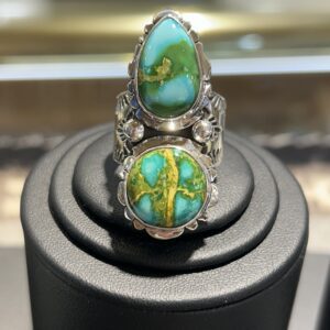 Green Sonoran Gold Turquoise Two Stone Sterling Silver Navajo Handmade Ring