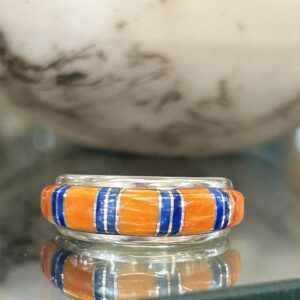 Orange Spiny Oyster Shell Inlaid with Lapis Sterling Silver Navajo Handmade Band Ring (Bronco's Colors)